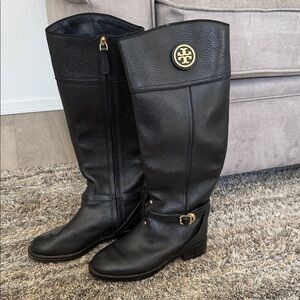 Tory Burch Black Leather Teresa Boots with Gold Accents size 7: retailed $346